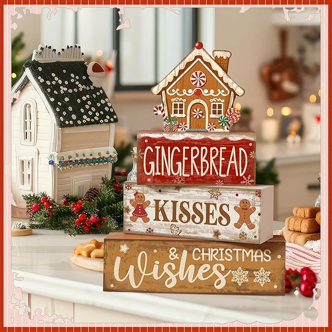 Moucuny 4 Pcs Christmas Table Decoration Gingerbread House Wooden Stacked Block Decor Gingerbread Centerpiece Block Signs Rustic Christmas Tiered Tray Decoration for Home Kitchen Coffee Bar