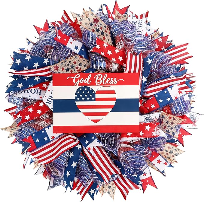Patriotic Wreath for Front Door, 24 inch 4th of July Decorations with Red White Blue Flag Tags for 250th Anniversary American Independence Day Memorial Day Decor