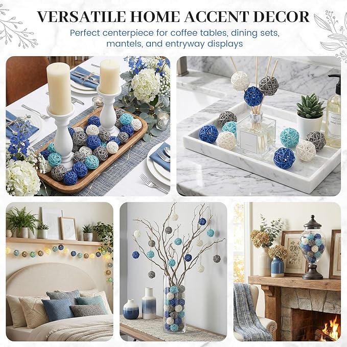DomeStar 24PCS Blue Decorative Balls for Bowl Centerpiece, 2 Inch Rattan Balls Bowl Fillers Decor - Wicker Twig Orbs Spheres, Wedding Home Vase Table Decor