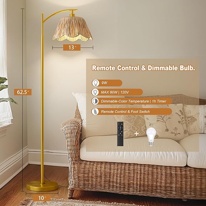 Oneach Arc Floor Lamp for Living Room with 3 Color Temperatures, Rattan Boho Floor Lamp with Hand-Woven Wicker Shade,Farmhouse Floor Lamps with Remote & Dimmable Bulb, Suitable for Bedroom（Gold）