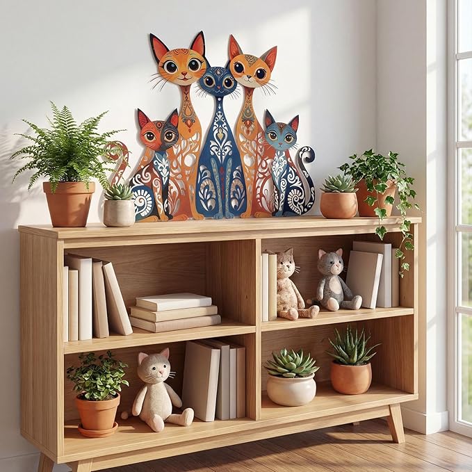 Wesiti Cat Wall Art Decor Iron Wall Sculptures Decor for Cats Lover 10.6 x 13.15 Inches Colorful Retro Mid Century Cat Signs for Home Living Room Bedroom Kitchen Office(Stylish)