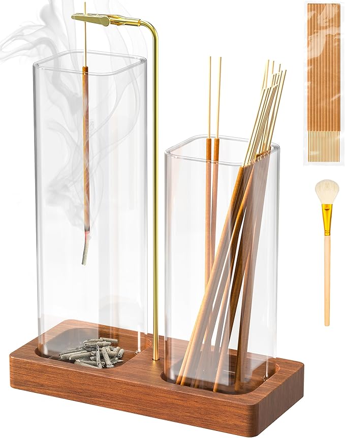 2 in 1 Incense Holder with 7.8" & 5.9" Glass Jars, Large Incense Holder for Sticks, Upside Down Incense Burner with Ash Catcher & Storage for Meditation Yoga Spa Home Decor - 20 Incense Sticks & Brush