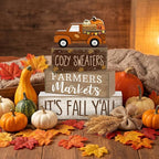 Lineshading 4 Pcs Fall Table Decoration for Home Fall Truck Decor Thanksgiving Tiered Tray Decor Rustic Wooden Pumpkin Truck Block Sign Thanksgiving Centerpiece Autumn Decorations for Harvest Party