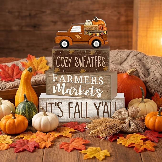 Lineshading 4 Pcs Fall Table Decoration for Home Fall Truck Decor Thanksgiving Tiered Tray Decor Rustic Wooden Pumpkin Truck Block Sign Thanksgiving Centerpiece Autumn Decorations for Harvest Party