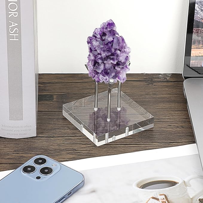 Hipiwe Metal Arm Display Stand Easel with Acrylic Base Decorative Crystal Ball Stand Pedestal for Sphere Mineral Geodes Rock Fossils Seashell, X-Large,Silver