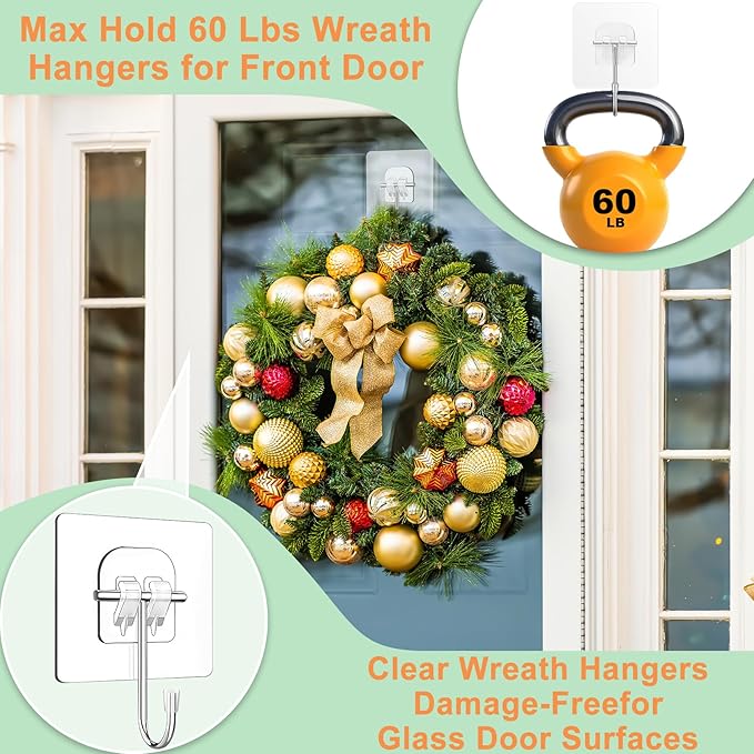 Wreath Hangers for Front Door, Wreath Hanger for Halloween Christmas Easter Decorations, Welcome Sign for Front Door, Large Adhesive Wall Hooks for Hanging Heavy Duty, Over The Door Hooks Organizer