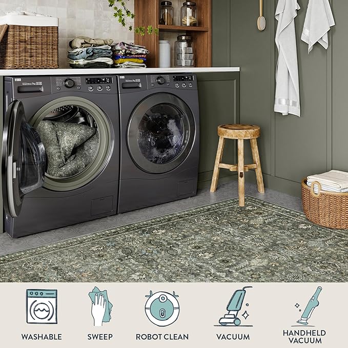 Lahome Large Dark Olive Green Area Rugs, Washable Area Rugs 9x12 Living Room, Boho Bedroom Mats Under Bed, Soft Stain Resistant Non-Shedding Thin Carpet for Dining Room Apartment