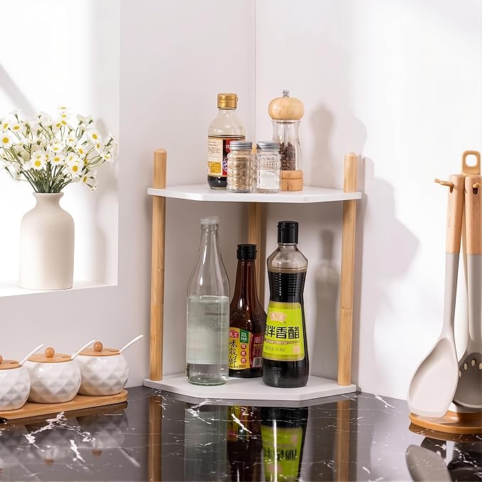 3-Tier Expandable Bamboo Corner Shelf - Dish/Plate Organizer for Cabinet, Kitchen Counter Shelf & Small Kitchen Shelf, Adjustable (11.4" H-White, 2-Tier)