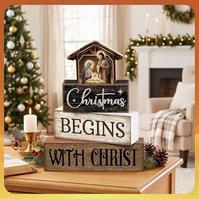 Moucuny 4 Pcs Christmas Table Decoration Christian Wooden Stacked Block Decor, Christmas Begins with Christ Signs with Nativity Scene Topper, Rustic Religious Xmas Tiered Tray Decor for Home Church