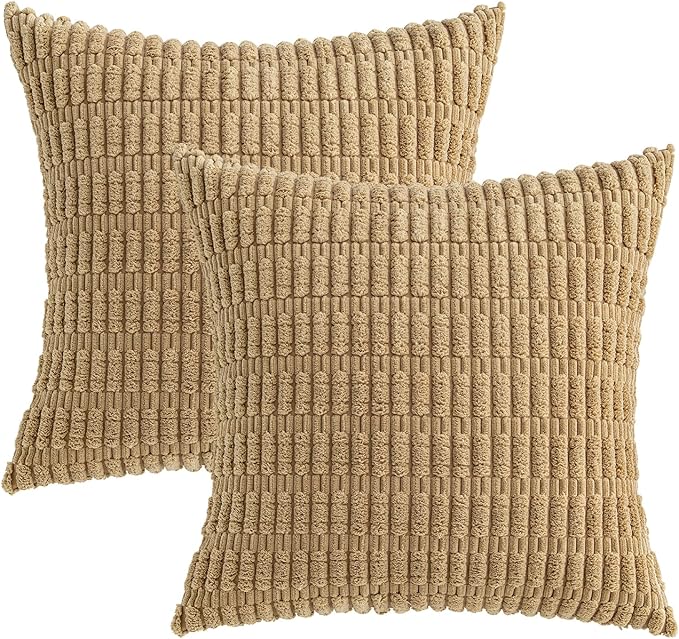 MIULEE Pack of 2 Corduroy Decorative Throw Pillow Covers 20x20 Inch Soft Boho Striped Pillow Covers Modern Farmhouse Home Decor for Sofa Living Room Couch Bed Khaki
