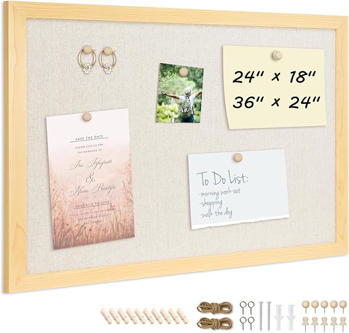 DOLLAR BOSS Bulletin Board with Linen 36'' x 24'' Wood Framed Cork Boards for Walls, Photo Display Pin Board, Decorative Corkboard for Office Home School Dorm Decor with 10 Pushpins, Natural Wood
