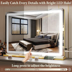 FENNIO Vanity Mirror with Lights 32"x22", Lighted Makeup Mirror, Large Vanity Mirror with Lights, Touch Sensor with 3 Color Lighting,USB Charging Port for Vanity Desk Tabletop（Gold）