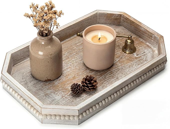 Decorative Tray with Beaded Edge for Coffee Table Decor - Rustic Serving Tray for Entryway Table, Kitchen Counter - Farmhouse Decor for Living Room, Bedroom (Light Natural)