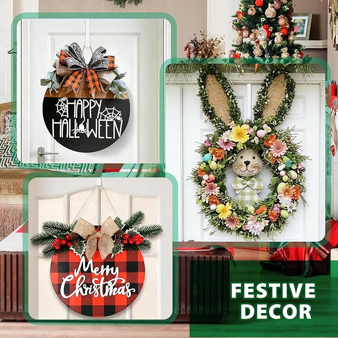 Booda Brand 14" Over The Door Hooks, 4 Pack Widen Wreath Hangers Fit The 1-3/4" & 1-3/8" Door Thicknesses, Z-Shaped Metal Door Hanger Hooks for Hanging Wreaths, Hats,and Clothes (White-4Pack)