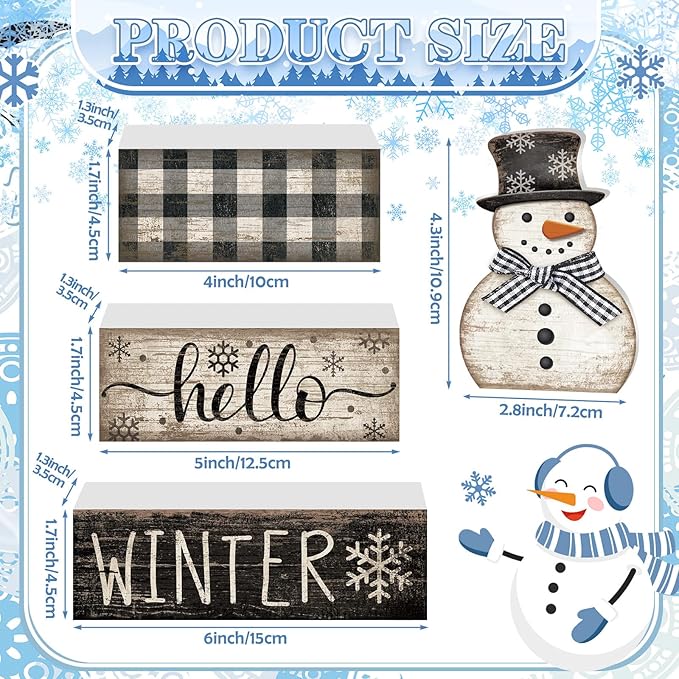 Moucuny 4 Pcs Snowman Christmas Decor Winter Table Decorations Christmas Tiered Tray Decor Winter Centerpiece Decorations Indoor Rustic Wooden Snowman Block Sign Gift Farmhouse for Home Kitchen Shelf