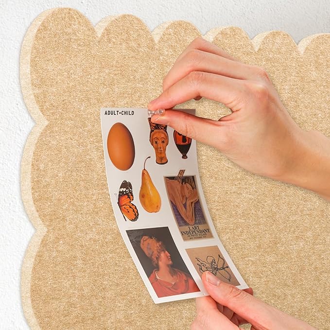 Lightomorrow Scalloped Bulletin Board, 36 x 24 Inches Felt Pin Board - Decorative Cork Alternative for Wall, Foldable Picture Self-Adhesive Vision Prayer Board with 20 Pushpins - Beige Brown