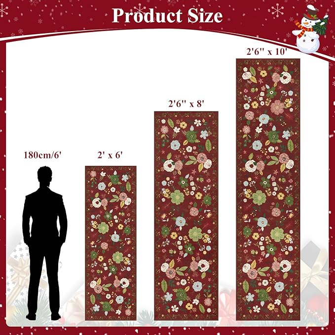 U'Artlines Red Christmas Runner Rug for Hallways,2'6" x 10'Colorful Floral Carpet Soft Non Slip Washable Floor Carpet Runners for Entryway Laundry Room Bathroom