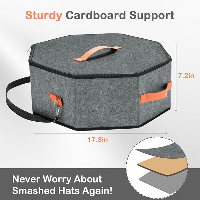 4 Pack Hat Storage Boxes, with Hardboard Support, Cowboy Hat Box for Travel & Home Organization, with 4 Door Hooks for Women & Men(Grey)