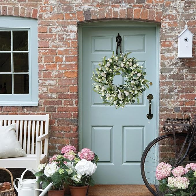 22 inch Summer Wreath White Spiny Ball Green Leaf Green Wreath Summer Front Door Hallway Window Decoration Wedding Party Decoration