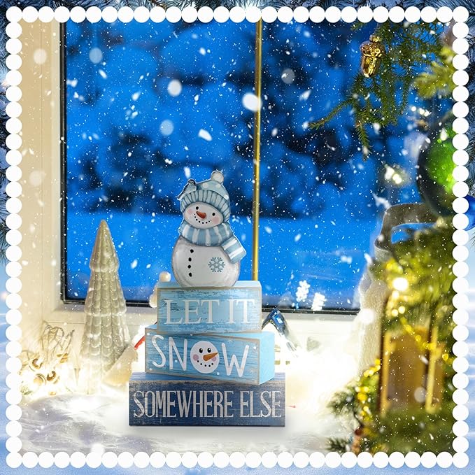 Lineshading 4 Pcs Snowman Christmas Table Decorations Blue and White Wooden Snowman Stacked Block Sign Gifts Winter Tiered Tray Decor Rustic Winter Centerpiece for Wonderland Party Home Kitchen