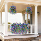 Artificial Hanging Flowers for Outdoors, 2 Pcs Fake Hanging Plant Spring Summer Decoration, UV Resistant No Fade Faux Flower for Porch Patio Yard Window Home Decor(Purple Blue)