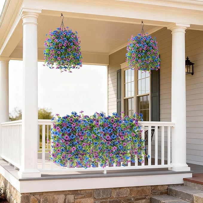 Artificial Hanging Flowers for Outdoors, 2 Pcs Fake Hanging Plant Spring Summer Decoration, UV Resistant No Fade Faux Flower for Porch Patio Yard Window Home Decor(Purple Blue)