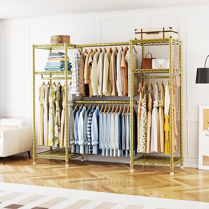 Ulif E7 Garment Rack, Heavy Duty Clothes Storage System with Extendable Hangers Rods, Metal Clothing Rack with 6 Wire Shelves, (52.3"-72") W x 14.5" D x 71.2" H, Load 838lbs, Gold