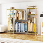 Ulif E7 Garment Rack, Heavy Duty Clothes Storage System with Extendable Hangers Rods, Metal Clothing Rack with 6 Wire Shelves, (52.3"-72") W x 14.5" D x 71.2" H, Load 838lbs, Gold
