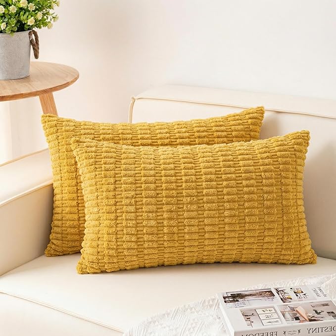 Aegero Pack of 2 Corduroy Decorative Throw Pillow Covers 12x20 InchSoft Boho Striped Pillow Covers Modern Farmhouse Home Decor for Sofa Living Room Couch Bed（Yellow）