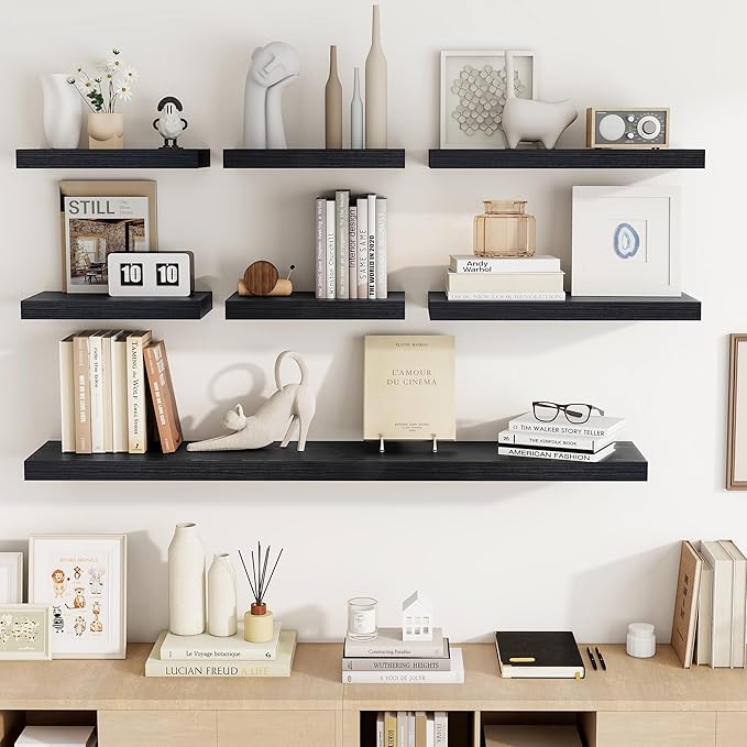 Acovy 72 Inch Floating Shelves, 3D Textured Wood Grain, 72"x9.25"x1.5" Inch Deep Floating Shelves for Wall, Wooden Shelves for Bathroom, Bedroom, Living Room, Black, 1 Piece