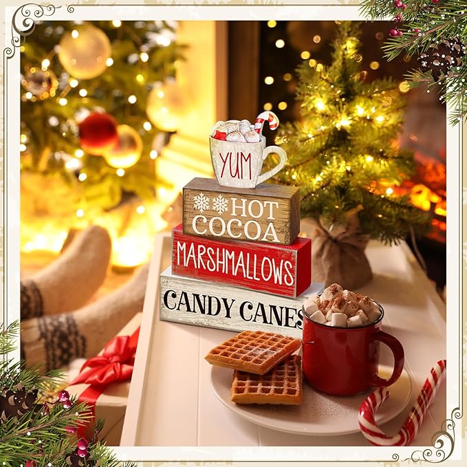 Moucuny 4 Pcs Wooden Christmas Tabletop Decor Hot Cocoa Tiered Tray Decor Rustic Wood Hot Cocoa Block Sign Gift Merry Christmas Centerpiece Farmhouse Winter Table Decoration