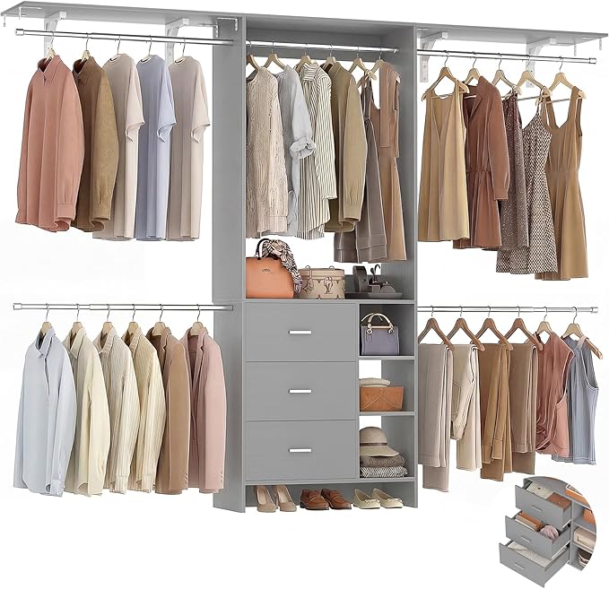 Aheaplus Closet System, Closet Organizer with 3 Wooden Drawers, 8FT Closet Organizer System, 96’’ Walk-in Closet Wardrobe Clothes Rack with Hanging Rods, Garment Rack, Fits 5.3-9 ft, -G6, Grey