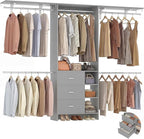 Aheaplus Closet System, Closet Organizer with 3 Wooden Drawers, 8FT Closet Organizer System, 96’’ Walk-in Closet Wardrobe Clothes Rack with Hanging Rods, Garment Rack, Fits 5.3-9 ft, -G6, Grey