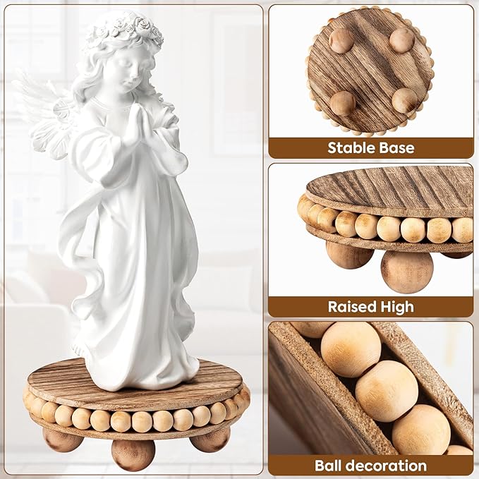 HouseJoy 2Pcs Wood Risers for Display Decorative,Round Beaded Riser Distressed for Decor ,Wooden Farmhouse Coasters Mini Cake Stand Plant Stand,Rustic Pedestal Stand Decor Display Risers for Tiered