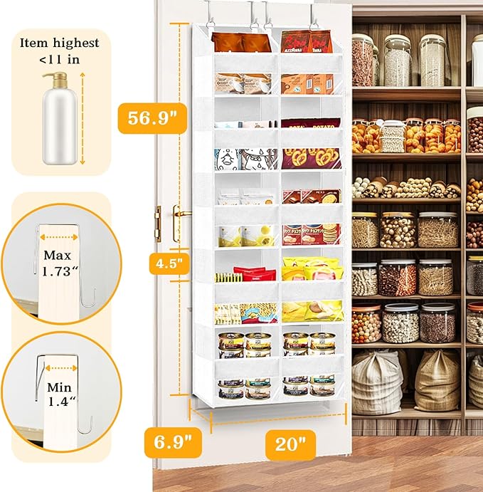 Over The Door Organizer 5 Tiers, Extra Large Behind Door Storage of 10 Compartments, 80 lbs Weight Capacity Hanging Storage Organizer with Clear Window Kids Toys, Shoes,Diapers, Room Storage, White