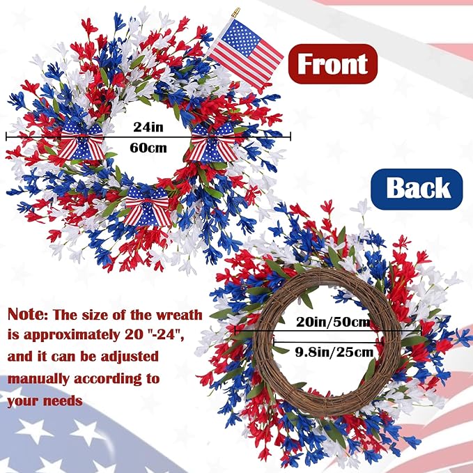 GTIDEA 24'' Patriotic Wreaths for Front Door, American 4th of July Wreath on Grapevine with Red White and Blue Forsythia Flag Bowknot Summer Wreaths for Home Wall Memorial Day Independence Day Decor