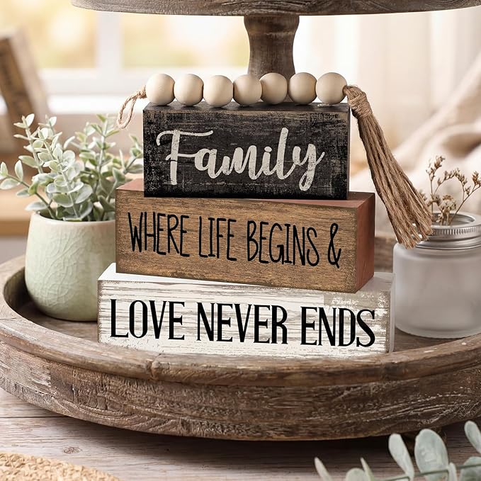Yuntau 4 Pcs Farmhouse Family Tabletop Decor Tiered Tray Decor Rustic Wood Decorative Stacked Sign Block Gift Retro Bead Garland Family Where Life Begins Love Never Ends Table for Home Shelf Office