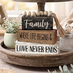 Yuntau 4 Pcs Farmhouse Family Tabletop Decor Tiered Tray Decor Rustic Wood Decorative Stacked Sign Block Gift Retro Bead Garland Family Where Life Begins Love Never Ends Table for Home Shelf Office