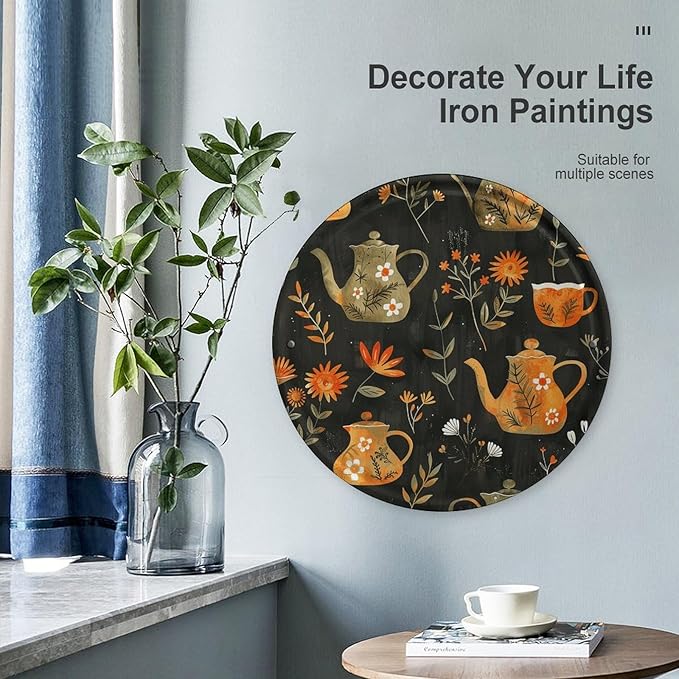 Wall Picture, with Plants and Teapot Printed Circular Iron Hanging Picture,Wall Art Decor,Home for Bedroom Living Room Bathroom Decor,Iron Painting 11.8X11.8 in