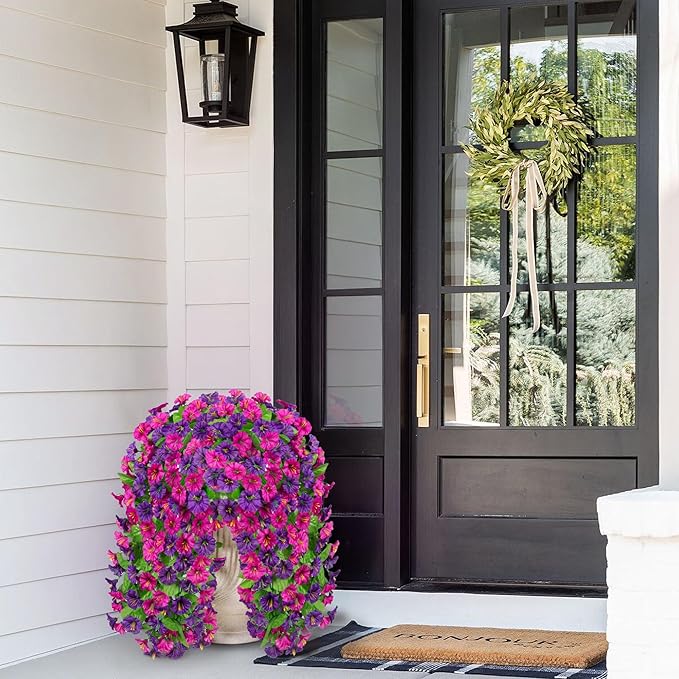 Artificial Fake Hanging Flowers Basket for Spring Decor, Faux Silk Flower in Planter for Summer, Outdoor Artificial Floral for Home Porch Yard(Purple-red Deep Purple)