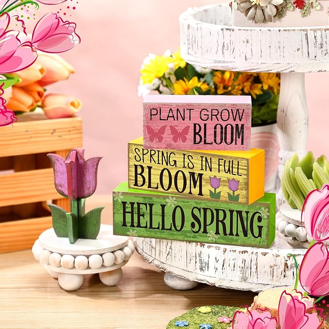 Moucuny 4 Pcs Spring Table Decoration Wooden Stacked Block Decor with Tulip Topper Spring Easter Tiered Tray Decor Platel Flower Table Centerpieces for Easter Party, Living Room, Kitchen