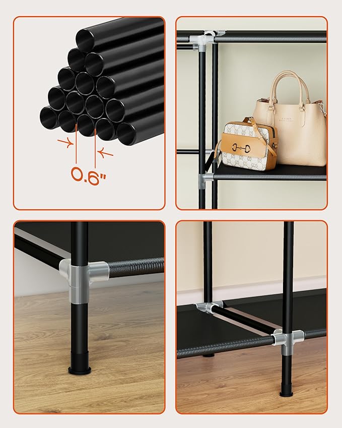 Portable Closet, 61.8 Inch Large Capacity Wardrobe Closet with Cover, Clothes Storage Organizer with Shelves and 2 Hanging Rods, Easy to Assembly, Black PCT222B01