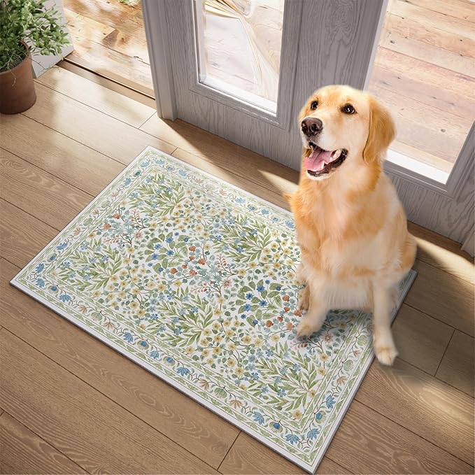 Washable Entry Rug 2x3 Feet, Non-Slip Indoor Entryway Bathroom Kitchen Mat, Vintage Floral Design Rug Perfect for Entryway Décor