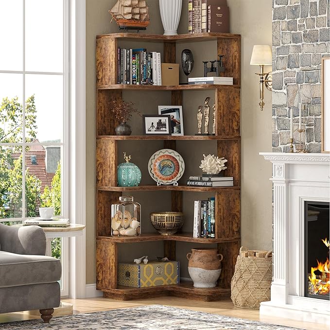 Armocity Corner Book Shelf - 6 Tier Corner Bookshelf Etagere Bookcase with Baffle, Freestanding L Shaped Display Shelf Stand for Home Office, Living Room, Bedroom, Kitchen, Rustic Brown