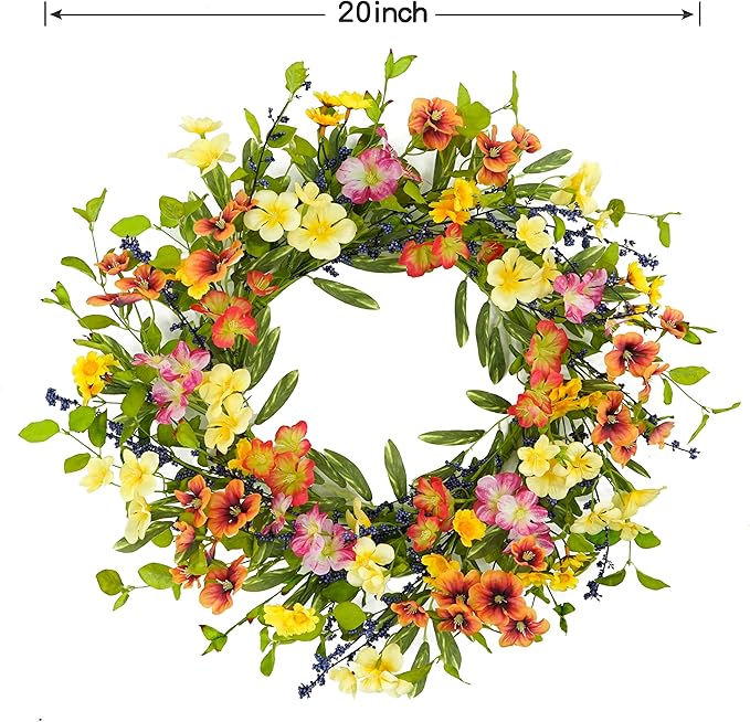 20 inch Spring Summer Wreaths for Front Door Floral Wreath with Colorful Wildflowers,Eucalyptus Leaves,Olive Leaves,Small Berries for Indoor Outdoor Farmhouse Home Wall Window Festival Decoration