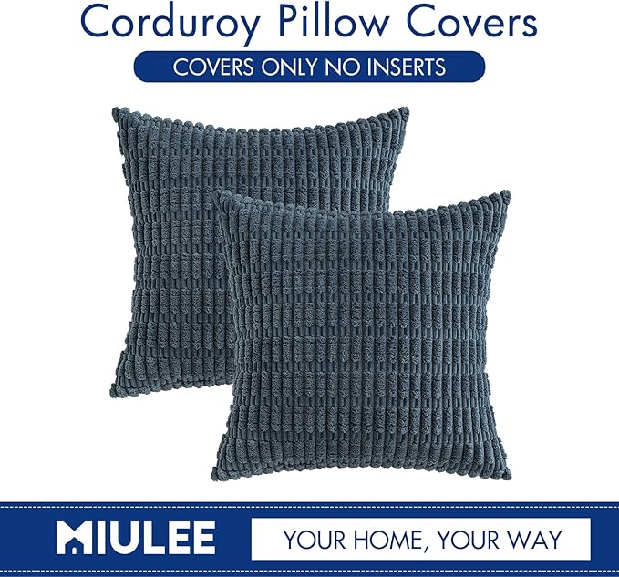 MIULEE Pack of 2 Corduroy Decorative Throw Pillow Covers 16x16 Inch Soft Boho Striped Pillow Covers Modern Farmhouse Home Decor for Summer Coastal Sofa Living Room Couch Bed Blue