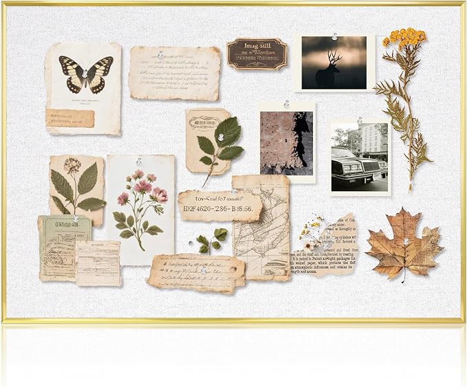 Linen Bulletin Board 30" x 20", White Fabric Pin Board with Gold Aluminum Frame, Decorative Vision Board for Home Office, Bedroom & Dorm Wall Decor, Includes 10 Push Pins
