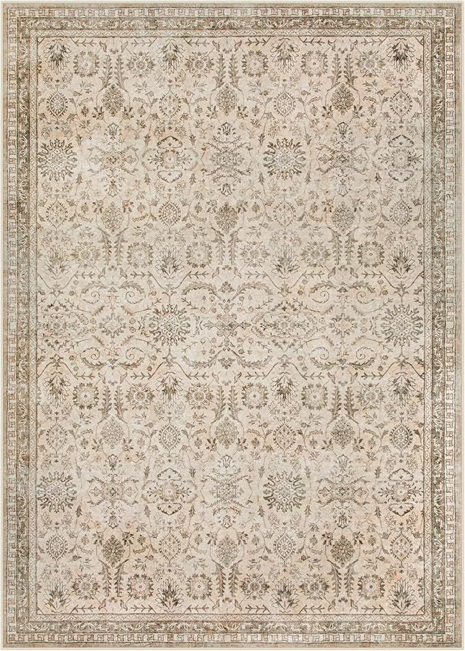 Lahome Boho Beige Fall Rugs for Living Room, Washable Bedroom Area Rug 5x7 Non-Slip, Soft Vintage Stain Resistant Nursery Carpets for Home Decor Non-Shedding, Soft Amber