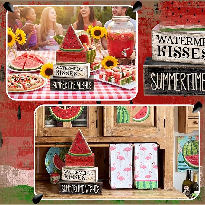 Lineshading 4 Pcs Summer Table Decor Wooden Watermelon Tiered Tray Decor Rustic Farmhouse Watermelon Block Signs Gifts Summer Tabletop Centerpieces for Home Kitchen Coffee Bar Decorations