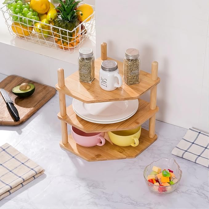 3-Tier Expandable Bamboo Corner Shelf - Dish/Plate Organizer for Cabinet, Kitchen Counter Shelf & Small Kitchen Shelf, Adjustable (Natural, 1-Pc 3.90" H)